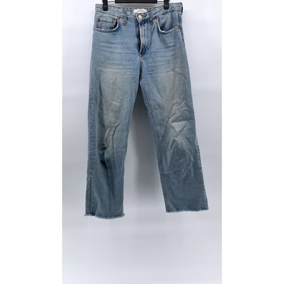Zara Denim - ZARA Women's Light Wash Blue Denim Straight-Leg Raw-Hem Five-Pocket Jeans SZ 4